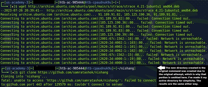 An attempt to download nishang using git and strace using wget. Both seem to fail to connect.